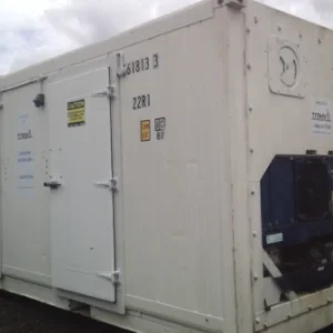 White refrigerated container with a personnel door and exposed chiller unit
