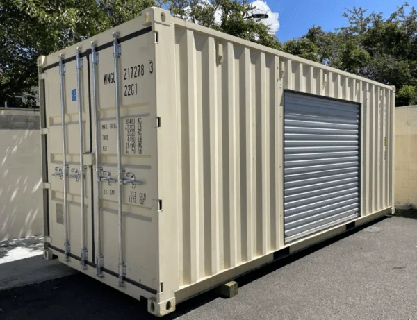 Cream 20ft container showing both its cargo doors and a side roller shutter