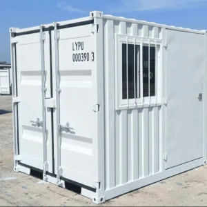 White 12ft mini container fitted with a barred window beside its cargo doors
