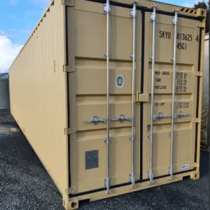 Beige 40ft high cube container angled to show its doors and long side wall