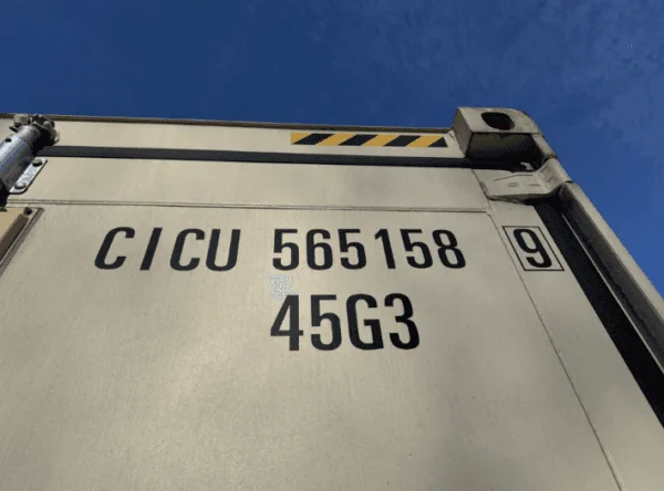 Owner code and type code stencilled on the top corner of a beige container