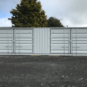 White 40ft container with side access door panels running its whole length
