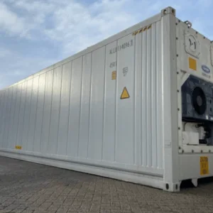 White 40ft reefer container with its refrigeration machinery at the near end