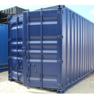 Blue 12ft container with S2 doors along its side, photographed from the corner