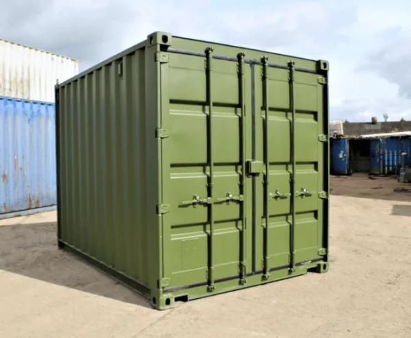Olive green used 10ft container viewed from the corner with its S2 cargo doors closed