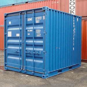 Blue 10ft standard container with S2 cargo doors, parked in front of stacked containers