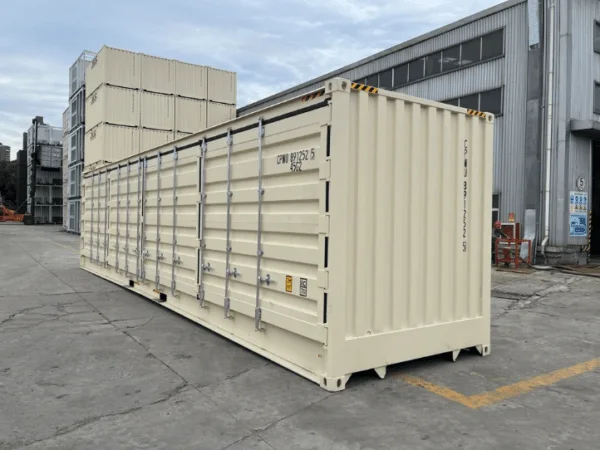Beige open side container angled to show the row of side doors along its length