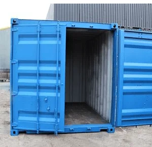 Blue 10ft storage container with one cargo door swung open, showing the empty interior
