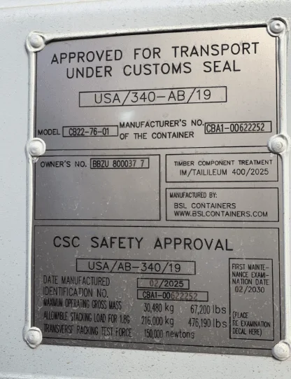 CSC safety approval and customs seal plate riveted to a container door