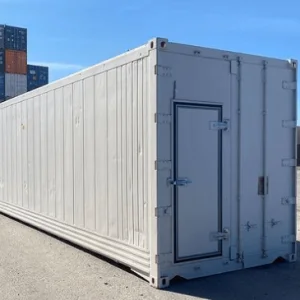 White 40ft insulated container fitted with a side personnel door