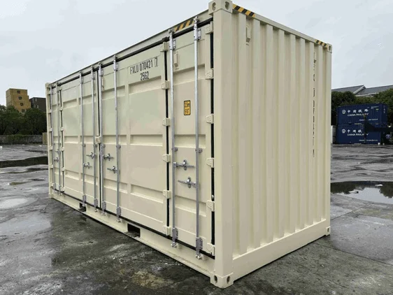 Row of side door panels along the length of a beige open side container