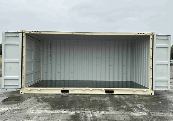 Beige open side container with the full side opened to reveal the empty interior