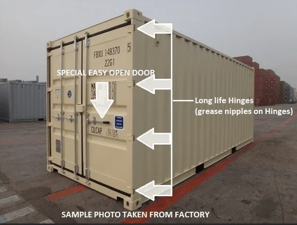 Annotated factory photo of a beige container pointing out its easy open door and hinges