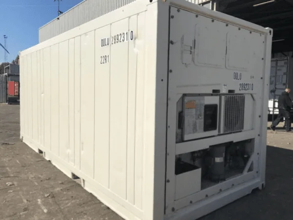 White refrigerated container with its machinery unit built into one end