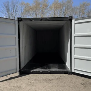 Matte black 20ft container with doors open, showing pale lined walls and a dark floor