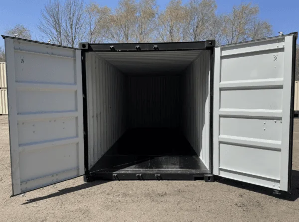 Matte black 20ft container with doors open, showing pale lined walls and a dark floor