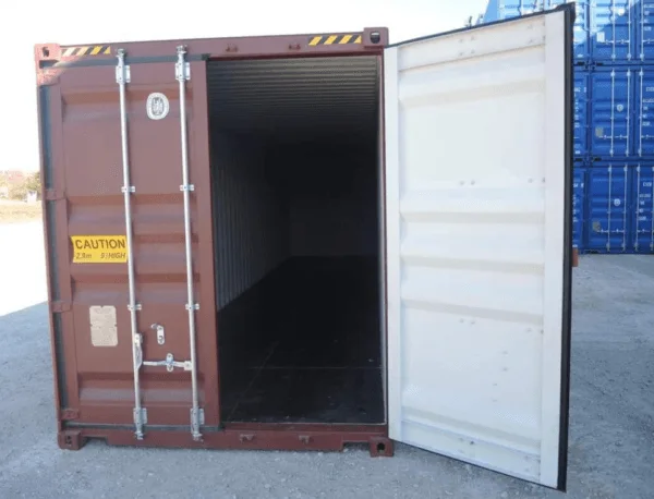 One door open on a brown 40ft container, revealing the dark empty interior