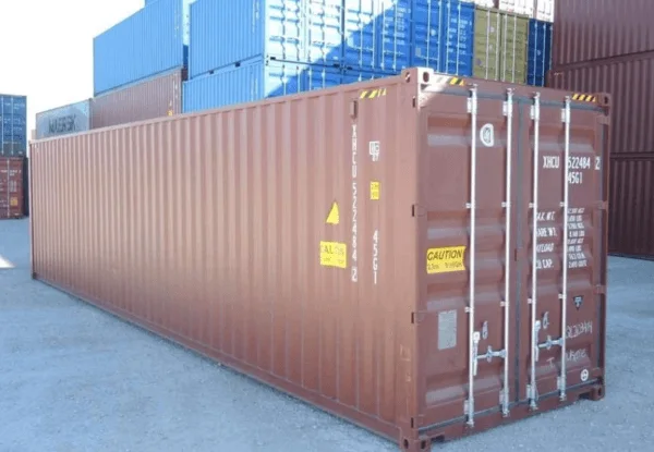 Brown 40ft container angled to show its length and cargo doors