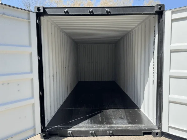 Open doors framing the empty interior of a black 20ft container