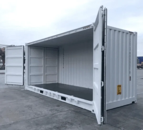 Side doors folded right back on a white open side container, exposing the load space