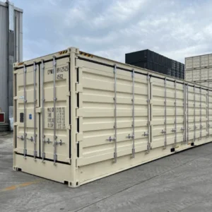 Beige 40ft open side container with its side door panels closed