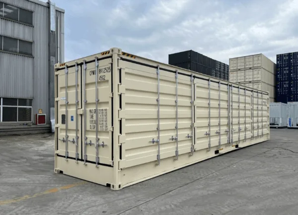 Beige 40ft open side container with its side door panels closed