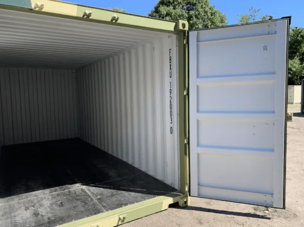 Camouflage 20ft container with both doors swung back against its side walls