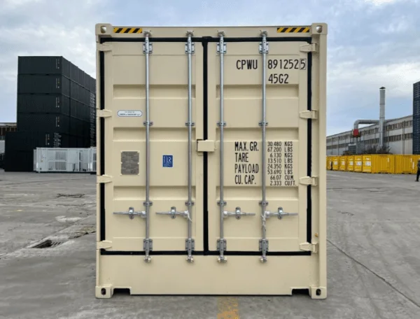 Square-on view of the cargo doors on a beige 40ft high cube container