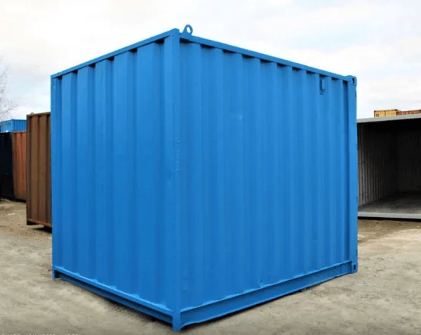 Blue 8ft container viewed from its closed end and corrugated side