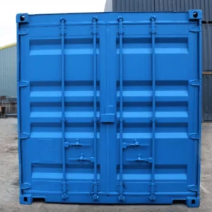 Refurbished blue 8ft container photographed square on to its doors