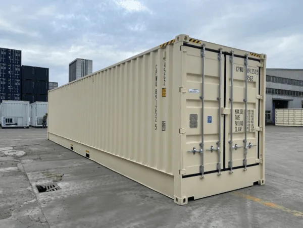 Beige 40ft high cube container seen in perspective with its cargo doors nearest