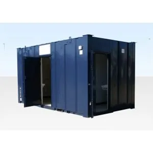 Navy steel toilet cabin with a door open, showing the WC compartment inside