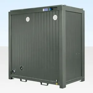 Bottle green steel toilet cabin seen from the side, with two wall vents and forklift pockets in the base