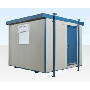 Goosewing grey jackleg site cabin with a blue personnel door, sliding window and adjustable legs