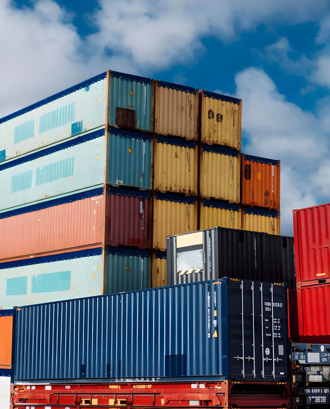 Multi-coloured shipping containers stacked several high against a blue sky