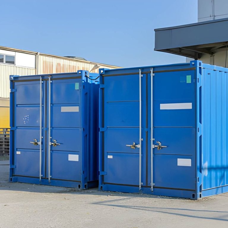Two blue 10ft storage containers with cargo doors closed on a concrete yard