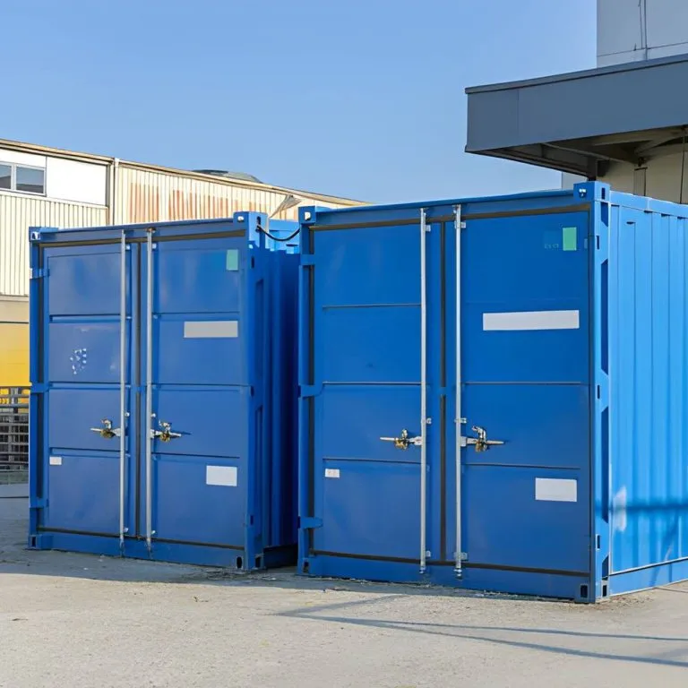 Two blue 10ft storage containers with cargo doors closed on a concrete yard