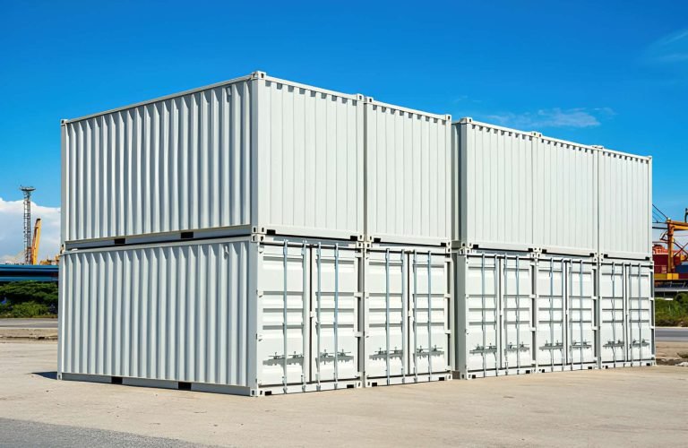 White high cube shipping containers stacked two high at a port terminal
