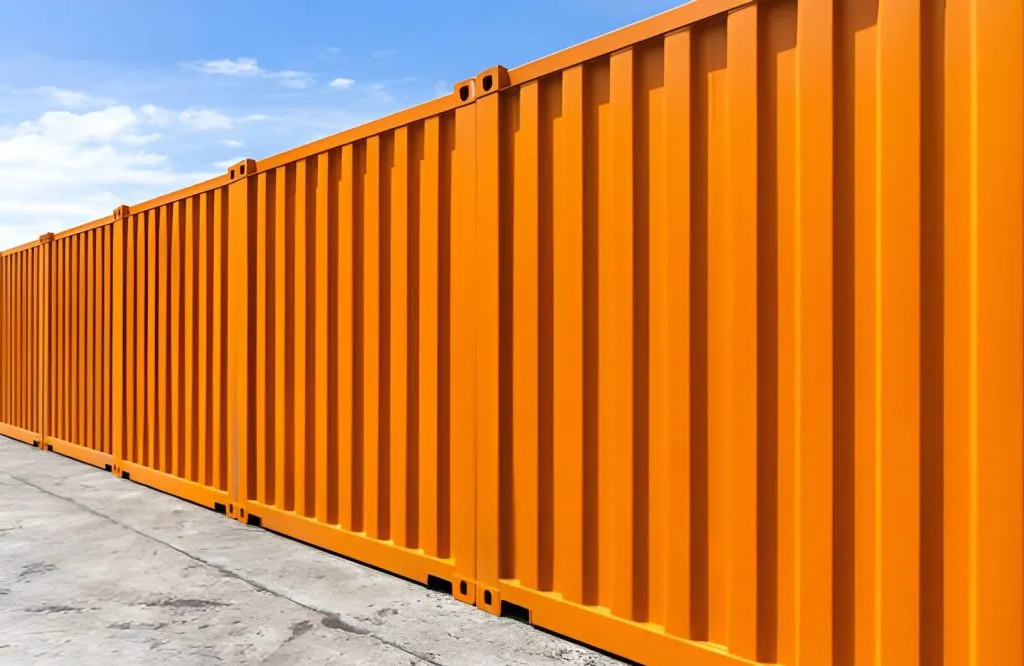 Row of orange shipping containers lined up on a concrete hardstanding