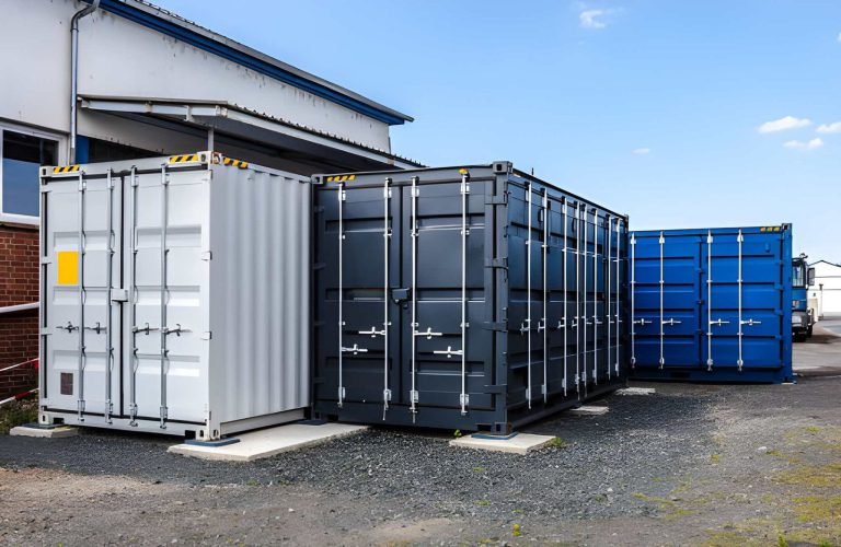 Grey, dark blue and light blue storage containers placed on gravel beside a warehouse