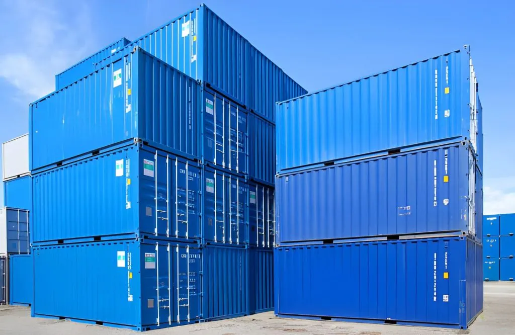 New blue shipping containers stacked three high in a container yard