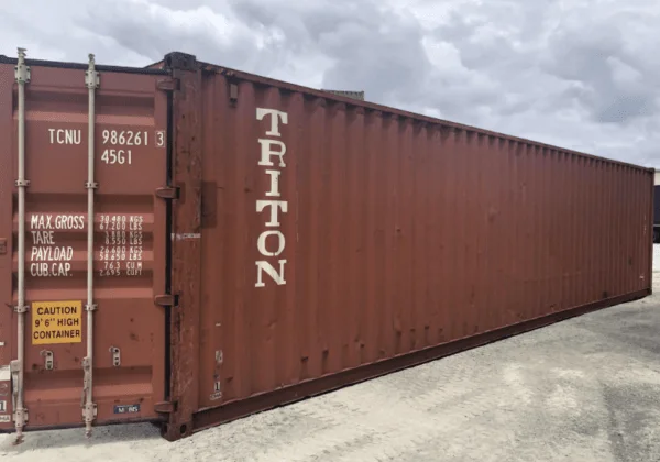 Brown used 40ft container with shipping line lettering across its side