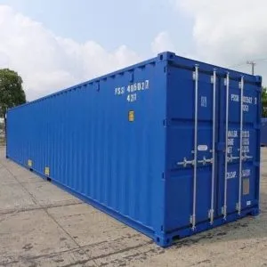 Blue 40ft high cube container on concrete, angled to show its cargo doors