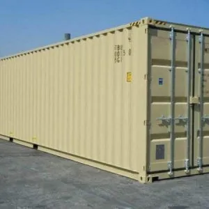 Khaki 40ft high cube container standing on a concrete yard, doors nearest