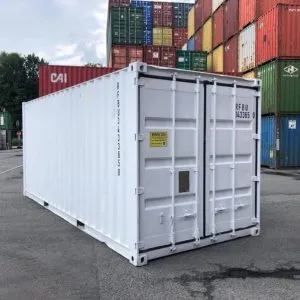 White 20ft container fitted with several separate lockable door openings along its side