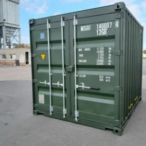 Green 10ft container photographed from the cargo door end, showing its stencilled weight markings
