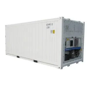 White refrigerated container with its machinery unit at one end